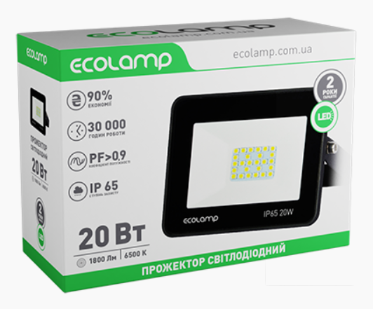 Світлодіодний прожектор 20W , Алюмінієвий корпус, ECOLAMP